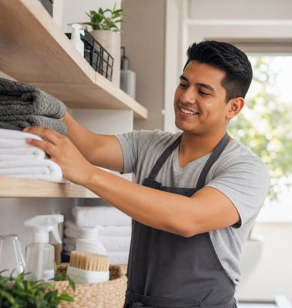 Cleaning professional arranging folded towels on shelves
