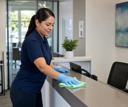 Profesional de limpieza comercial limpiando un mostrador de oficina
