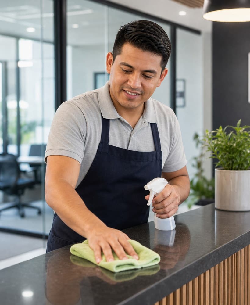 Commercial cleaning professional wiping an office counter