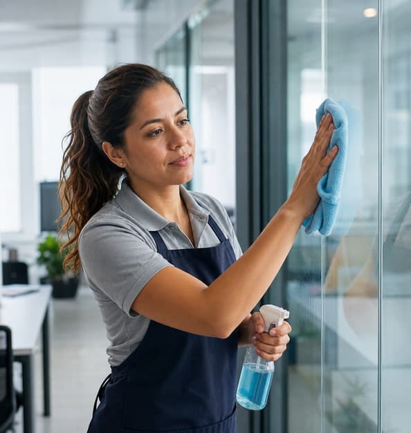 Commercial glass cleaning in a bright office space