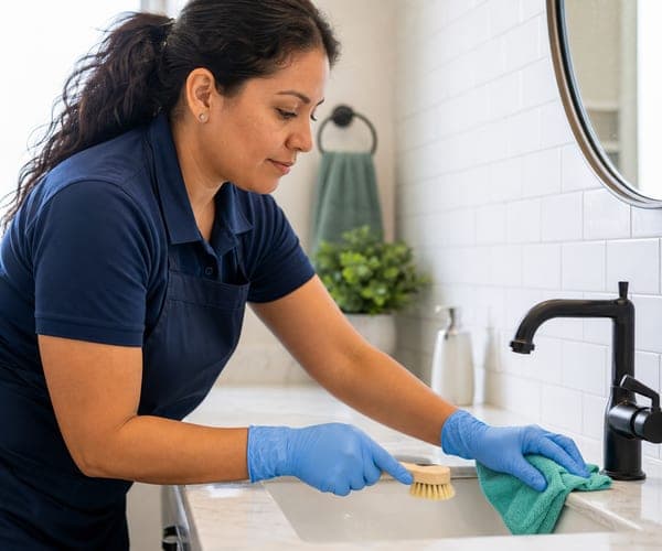 Limpieza profunda de detalle sobre un mostrador de baño