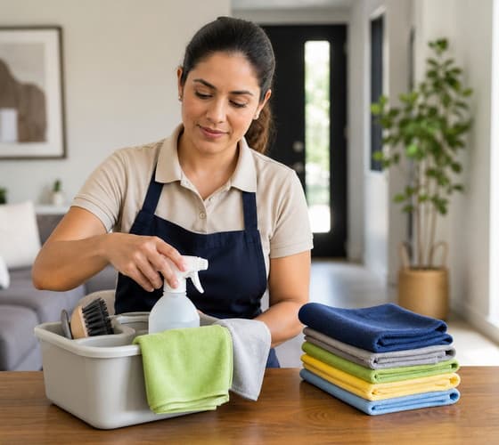 Cleaning supplies prepared for a home service visit