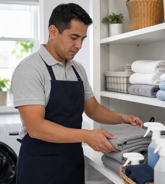 Professional cleaner organizing towels in a laundry area
