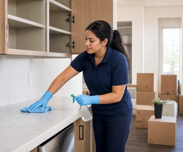 Move-out cleaning professional wiping an empty kitchen counter