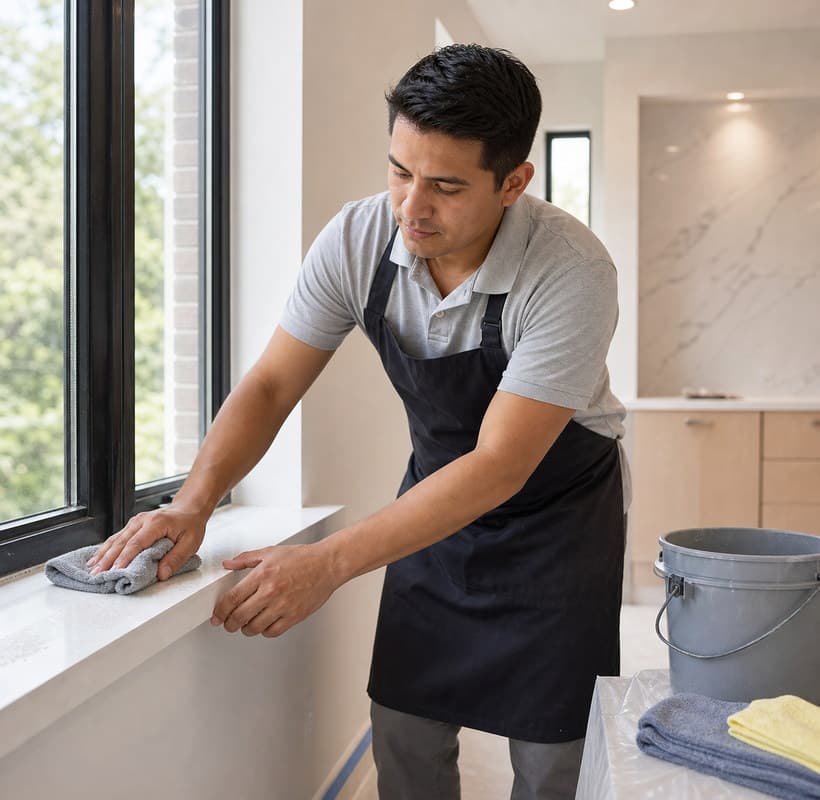 Limpieza de polvo post-construcción cerca de una ventana