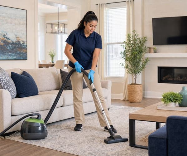 Residential cleaning professional vacuuming a bright living room