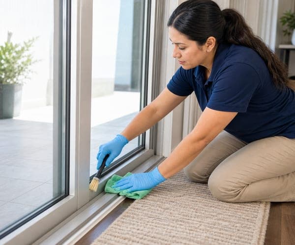 Profesional de limpieza especial detallando el riel de una ventana